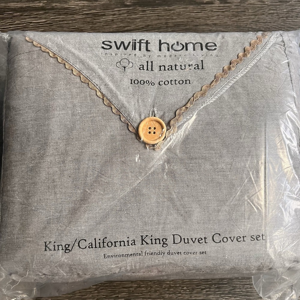 Swift Home Prewashed 100% Cotton King/CA King Duvet Cover Set Ash Gray Eco NWT